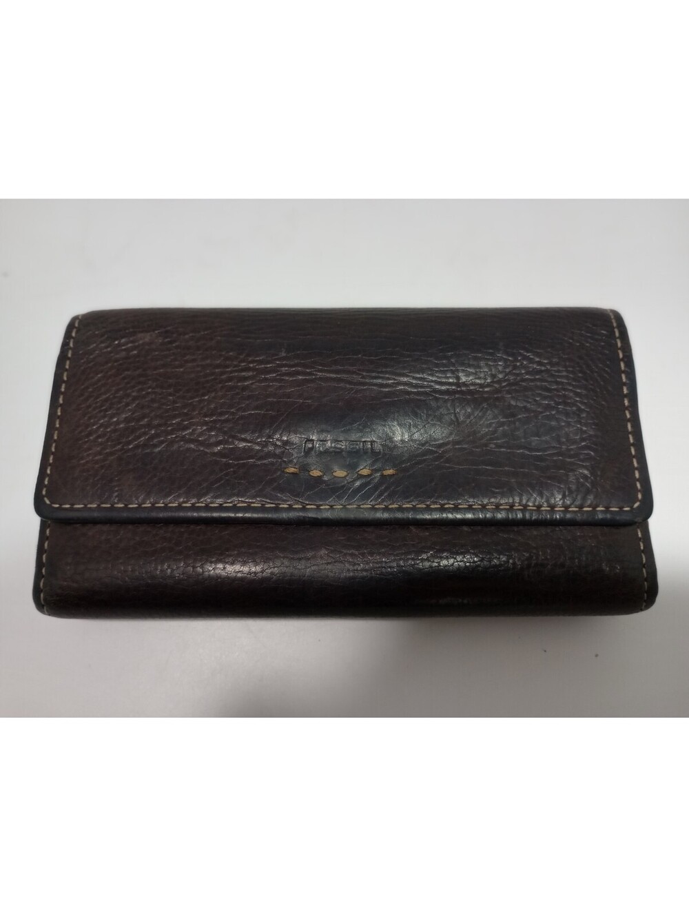 Fossil Dark Brown Leather Wallet Clutch Check Book Stitching 3 Piece